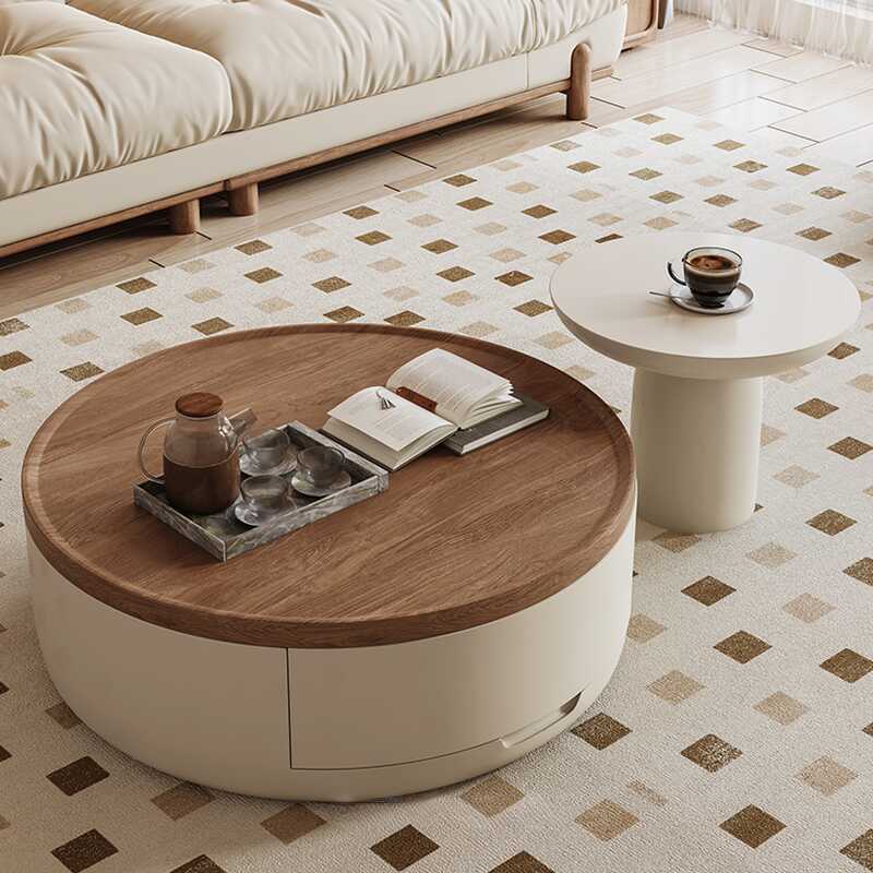 2 Drawers Circular-shaped Lumber Nested Tray Top Coffee Table