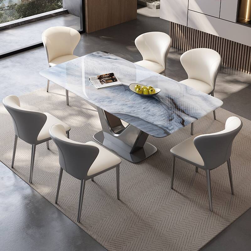 Dining Table Set with Rectangle Sintered Stone Top, Stump Base, Enclosed Back Cushion Chairs in Gray