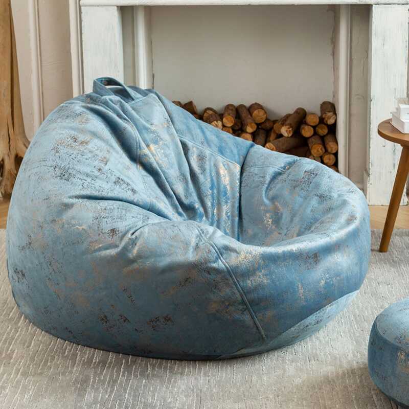 Sack Chair in Flannel, Light Gray/Azure/Ivory, Seats 1, Bean Bag Chair, Expanded Polypropylene Beans, Pre-Filled, Removable Cover