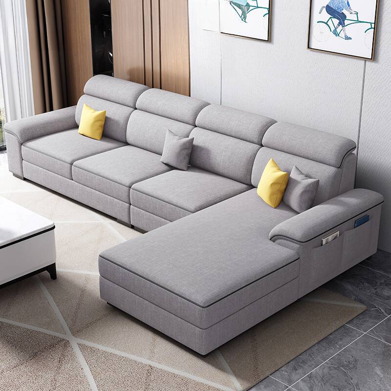 Trendy L-Shape Sofa Chaise with Cushion Back in Grey, 3-piece Set, Right Hand Facing with Flared Arm