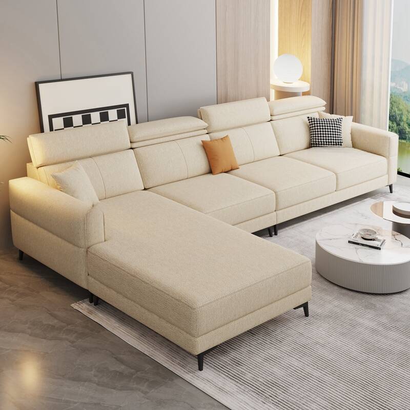 3 Pc Contemporary Modern L-Shape Sofa Chaise in Grey/Cream with Square Arm & Cushion Back