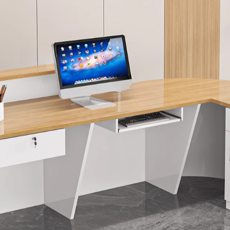 Corner Orange/Unfinished Colour/Carmine Manufactured Wood Top Reception Desk with Hutch, Keyboard Tray and Filing Cabinet, 1 Cabinet Included