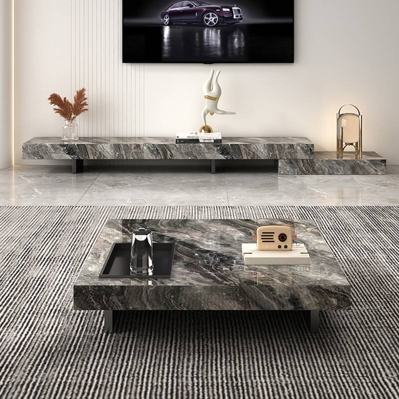 Art Deco Sintered Stone Square Single Accent Table with Dual Footing, Scratch-repellent