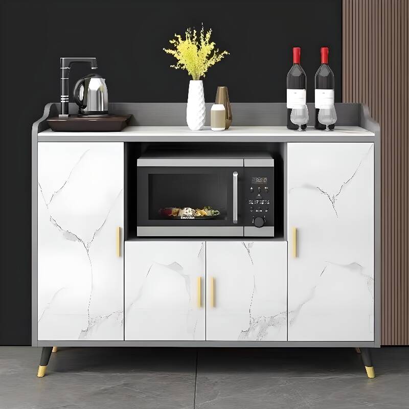 Simple Narrow Sideboard with Cupboard, 2 Exterior Shelves, Kitchen Cupboards, Sintered Stone Countertop, and Multiple Doors