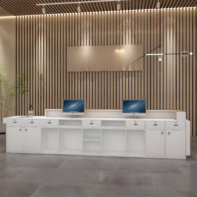 Rectangular Manufactured Wood Top Reception Desk with Filing Cabinet, Hutch, Keyboard Tray and Cable Management, Closet Included