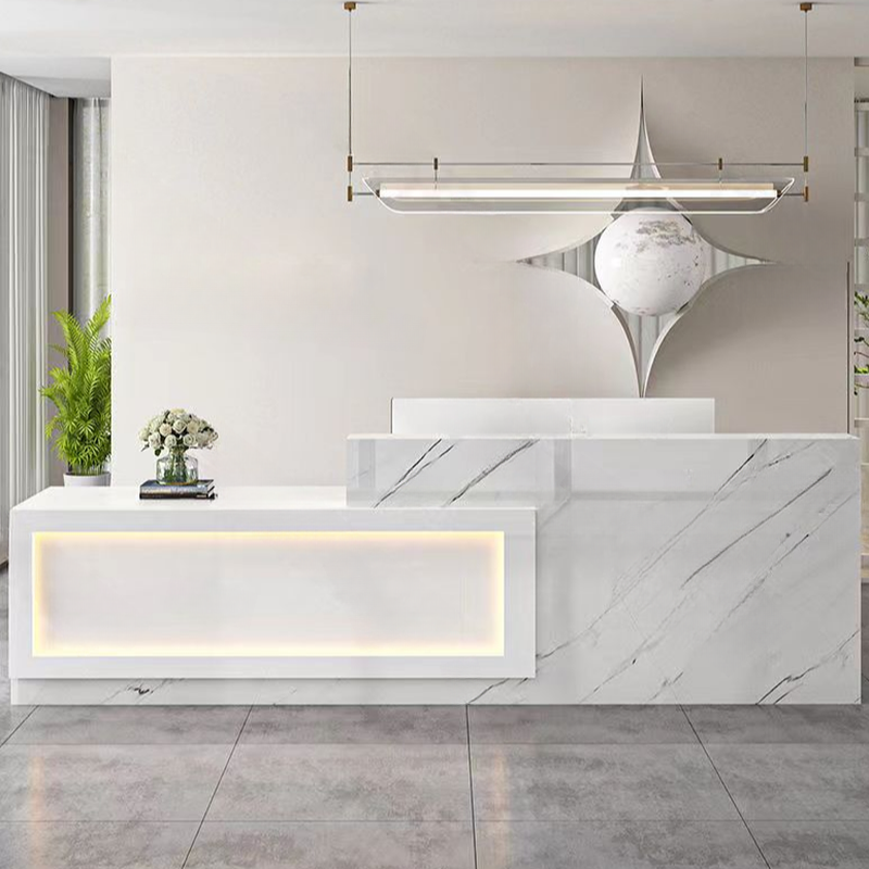Rectangular Reception Desk with Hutch, Keyboard Tray, Cable Management, and Filing Cabinet in Manufactured Wood Top