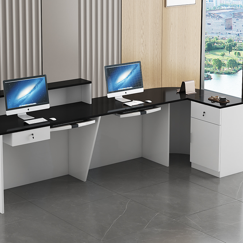 L-Shape Desk for 2 with 2 Drawers, 1 Cabinet, Hutch, Cable Management, Desk Return, and Filing Cabinet