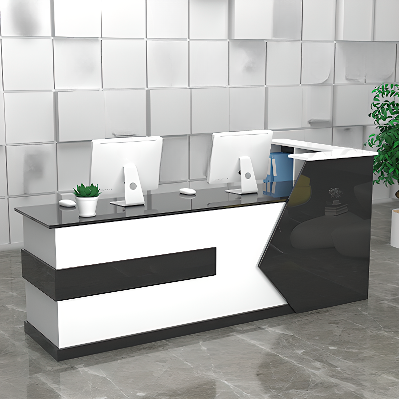 Green/Apricot Colour/Sepia L-Shape Manufactured Wood Top Reception Desk with Hutch, Keyboard Tray, Cable Management and Desk Return, 2 Drawers Included