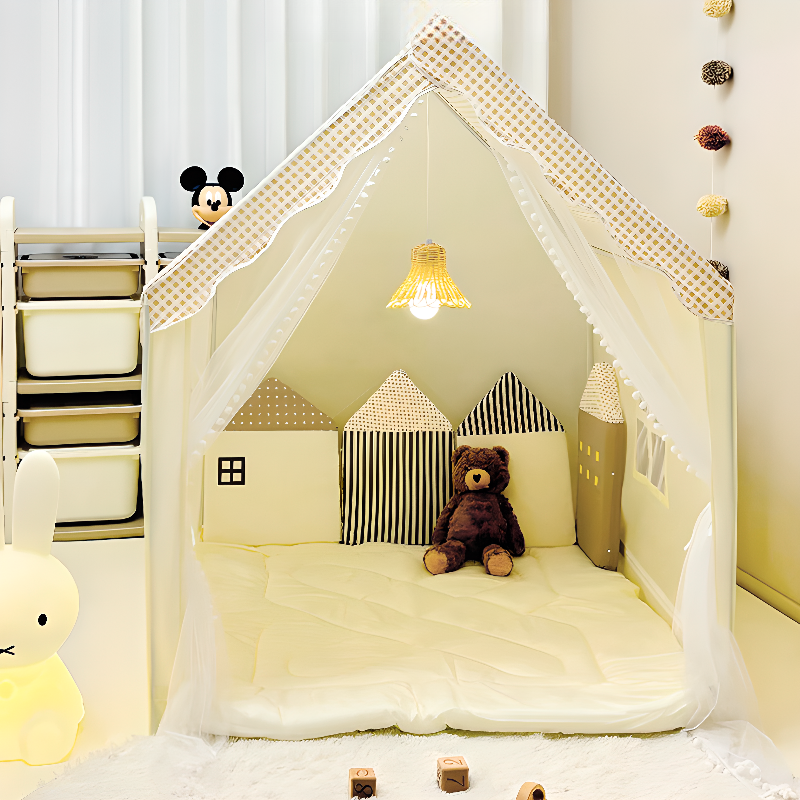 Indoor Cloth Triangular Play Tent, Triangular Shape, with Lights, Windows, Tent Pole, Floor