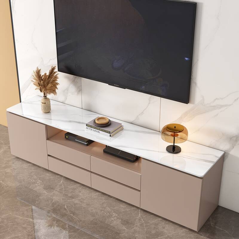 Stone Rectangular TV Stand with Shelf, 4 Drawers, 2 Cabinets, and Visible Storage