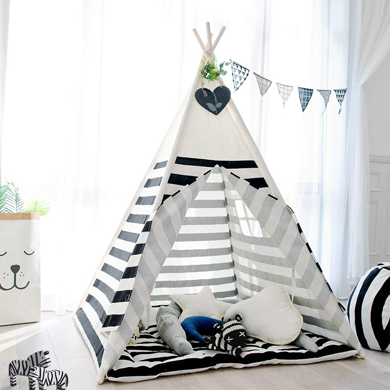 Simplistic Indoor Triangular Shape Striped Triangular Play Tent, Foldable, with Windows, Floor