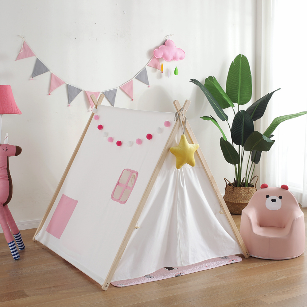 Simple Indoor Triangular Fabric Triangular Play Tent, with Windows, Tent Pole, Medium（3'-5'）