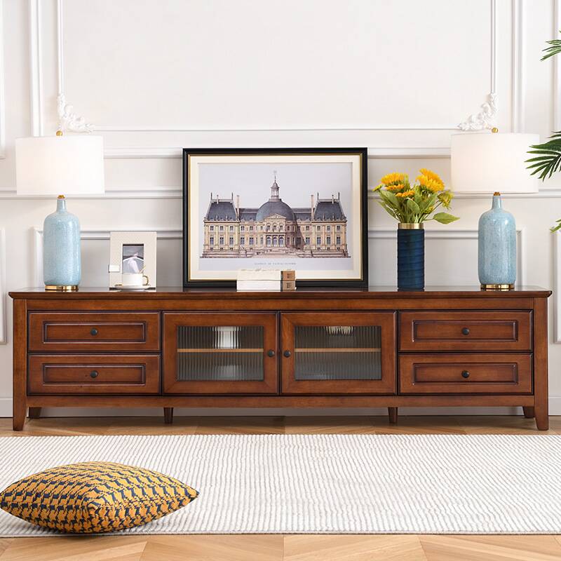 Art Deco Timber TV Stand with Shelf, 4 Drawers, Cabinet, and Cable Management