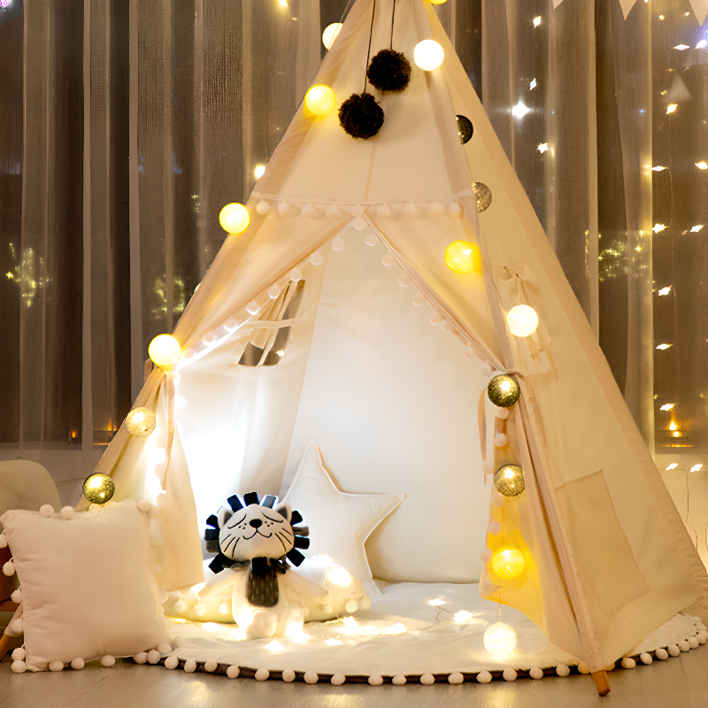 White Indoor Triangular Play Tent, Triangular Shape, Folding, with Lights, Windows, Floor