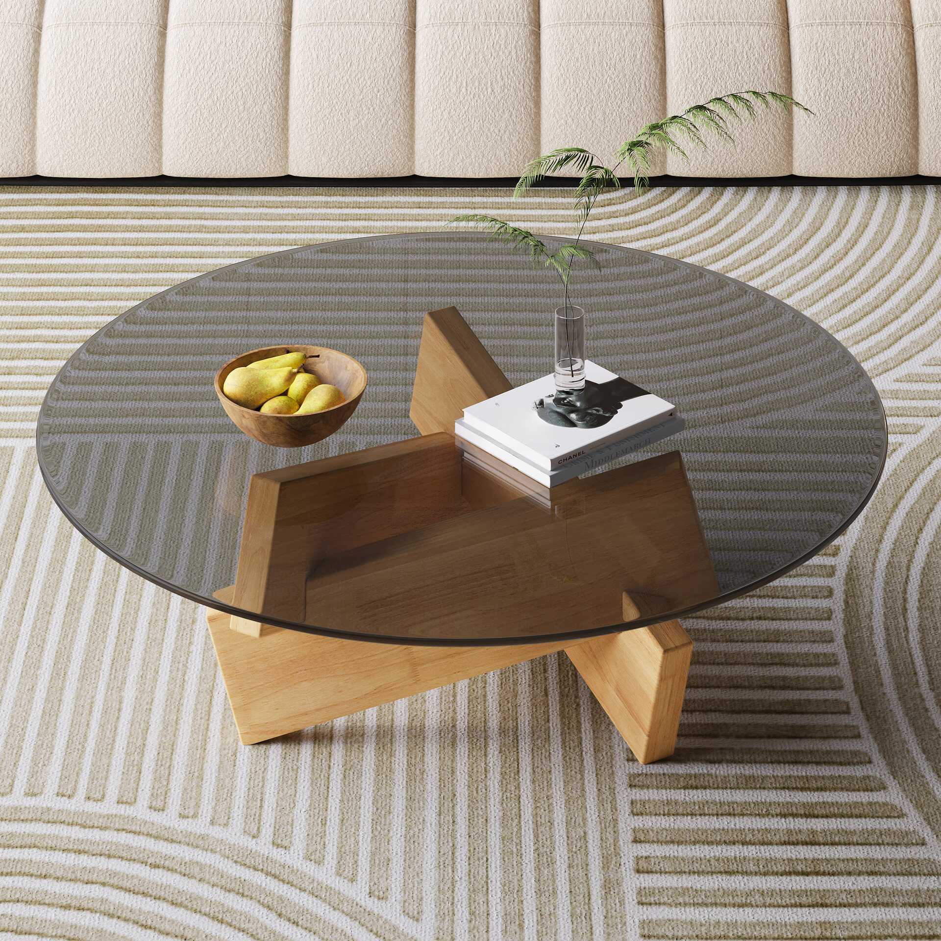 Simple Single Side Table with Tempered Glass, Abstract Base, and Rounded Ink Top