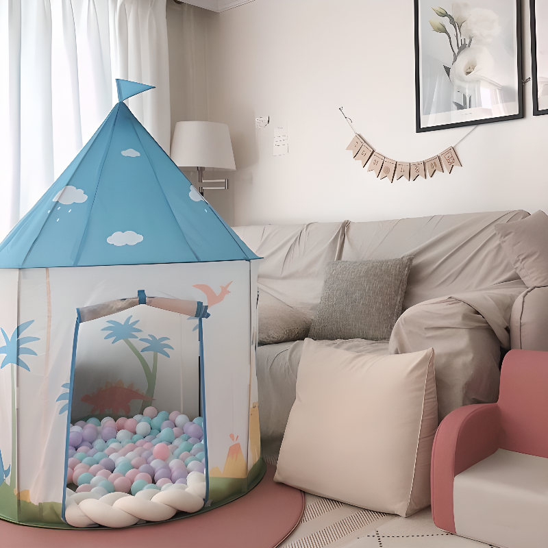 Polyester Fiber Play Tents, Blue/White, Tent Pole, Floor, Medium（3'-5'）, Indoor