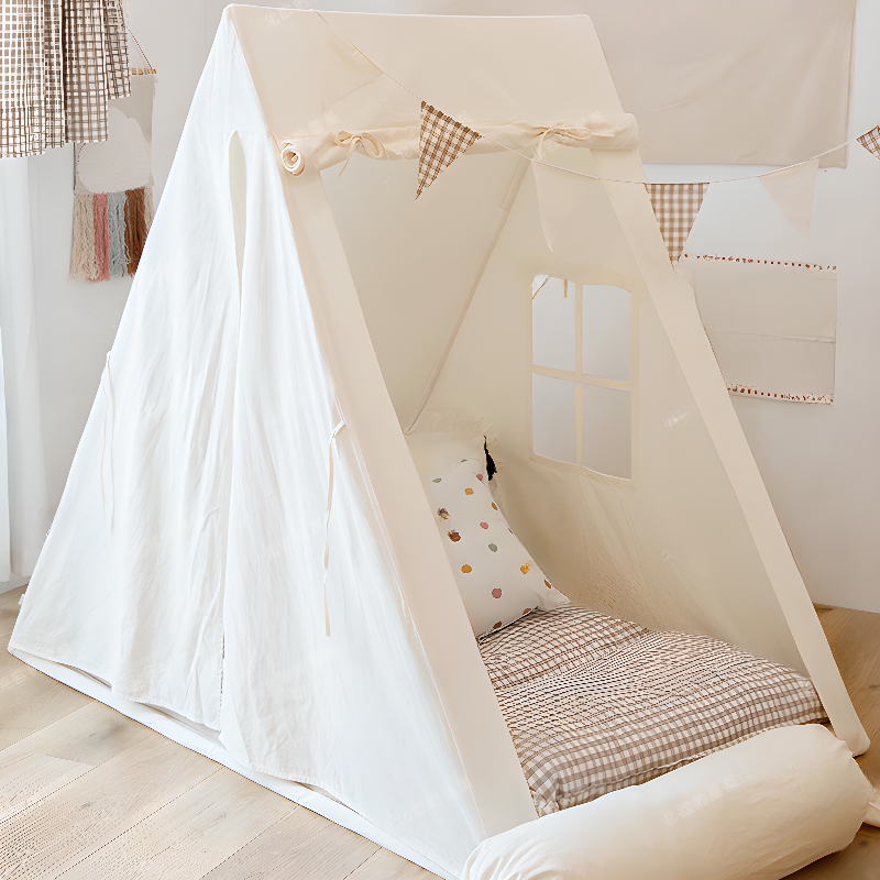 Indoor Textile Triangular Triangular Play Tent with Windows, Tent Pole & Floor, Off-White