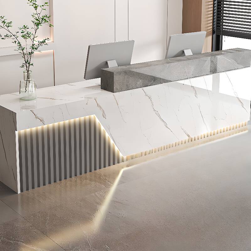 Rectangular Reception Desk with Locker, Hutch, Keyboard Tray, Cable Management, and Filing Cabinet in Manufactured Wood Top