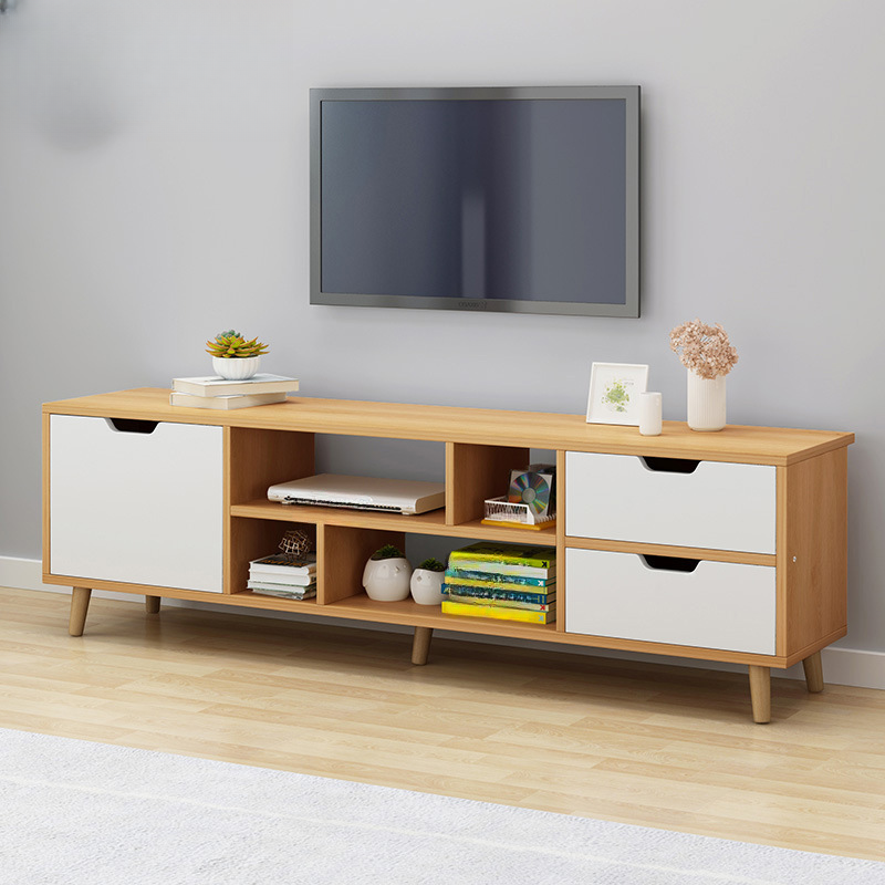 Contemporary Timber TV Stand with Rectangular Shape, Shelf, 3 Cabinets, and Unsheltered Storage