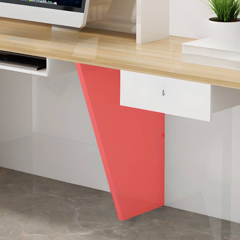 L-Shape Desk with Cabinet, Hutch, Keyboard Tray, Cable Management, Desk Return, Azure/Wood/Tangerine Top, and Filing Cabinet