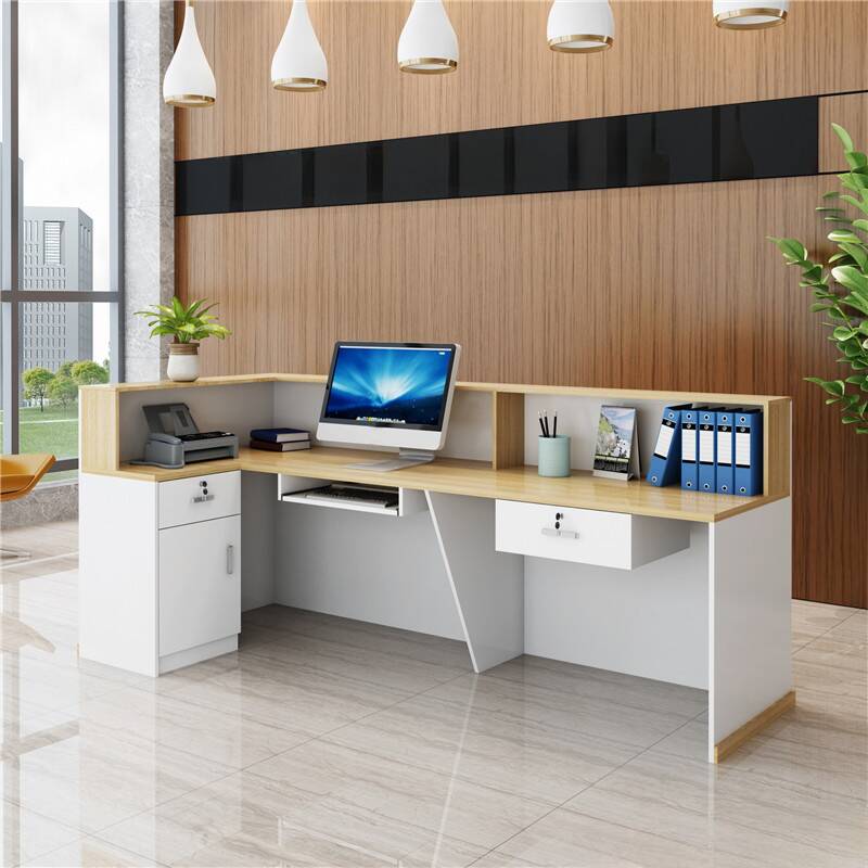 L-Shape Desk with Locker Cabinets, Hutch, Keyboard Tray, Desk Return, Vermilion/Lemon/Natural Top, Filing Cabinet, and 1 Drawer Pedestal