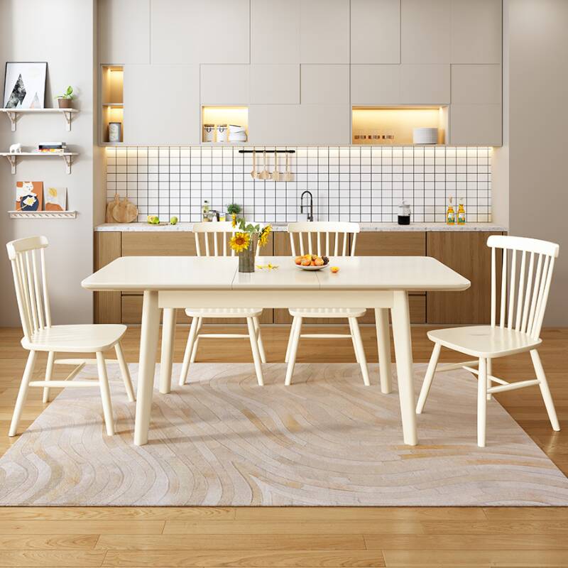 Simplistic Solid Wood Dining Table Set for 4 People with Beige Flip-over Top