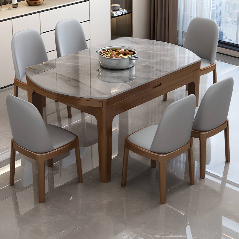 Contemporary Circular Dining Table with Slate Stone Top in Gray, Retractable Leaf, and Collapsible Table