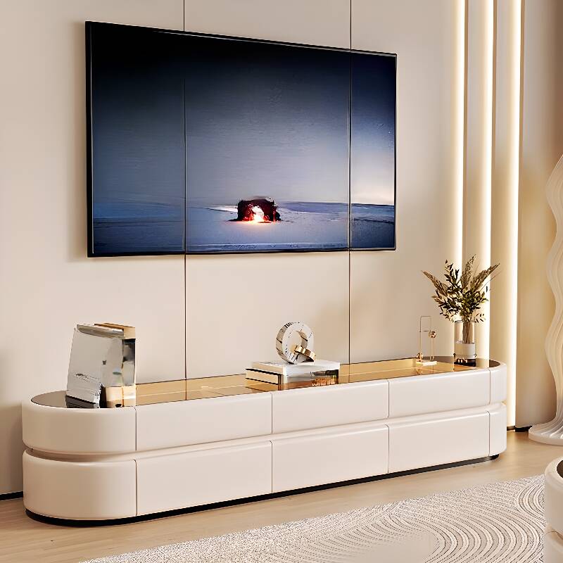 Minimalist White Vitreous TV Stand with 3 Drawers and Cable Management