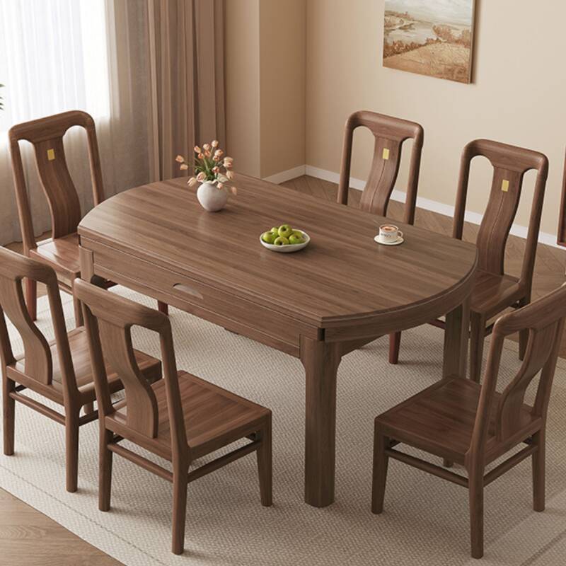 Casual Rounded Extendable Dining Table with Natural Wood Top and Fold-away Leaf in Cocoa