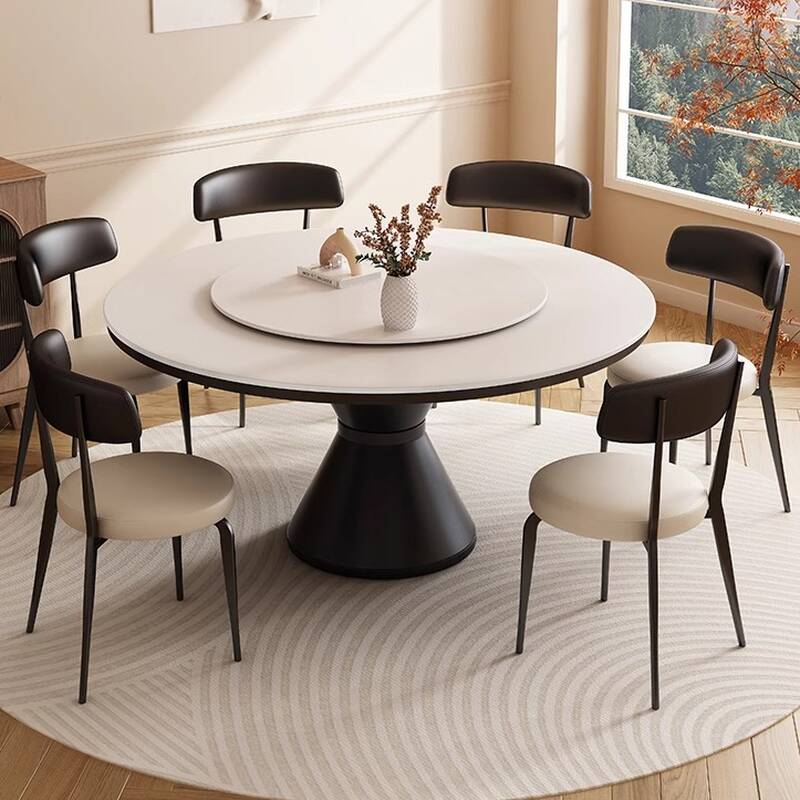 Casual Rounded Dining Table with Slate Stone Top in Chalk and Lazy Susan Mechanism