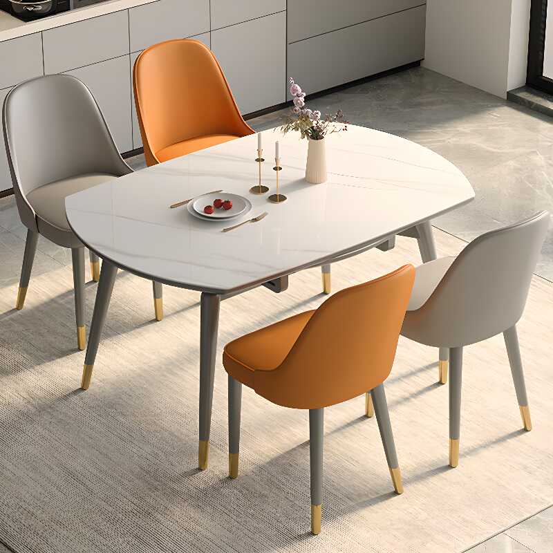 Luxurious Rounded Extendable Dining Table with Stone Top in Chalk and Pop Up Mechanism