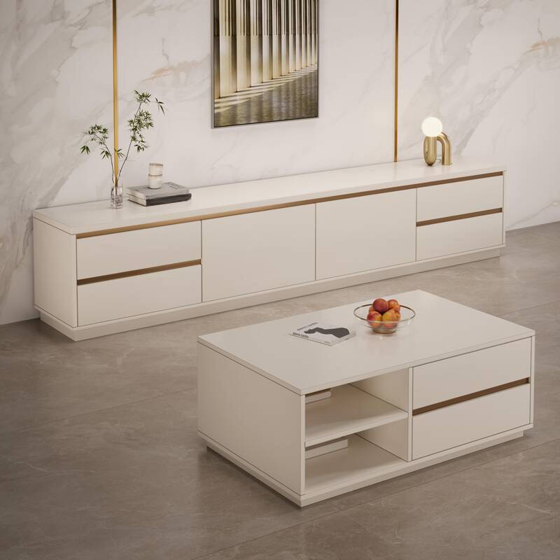 Chic White Natural Wood TV Stand with 4 Drawers and 2 Cabinets