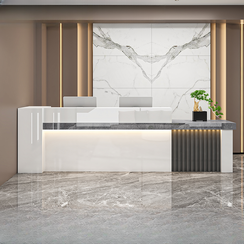 Rectangular Reception Desk with Hutch, Keyboard Tray, and Cable Management in Wood Colour Manufactured Wood Top