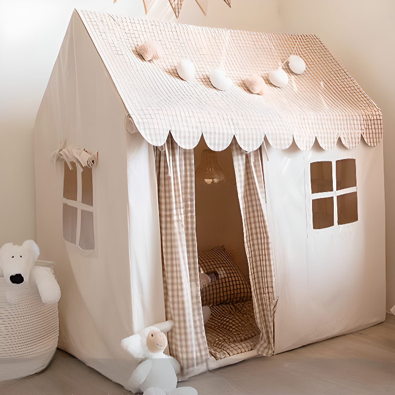 Indoor Off-White Square Fabric Play Tents with Floor, Tent Pole & Windows