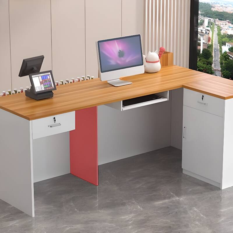 Reception Desk Rectangular with Filing Cabinet Keyboard Tray and Closet, Manufactured Wood Top in Amber Colour/Wood Grain/Ivory