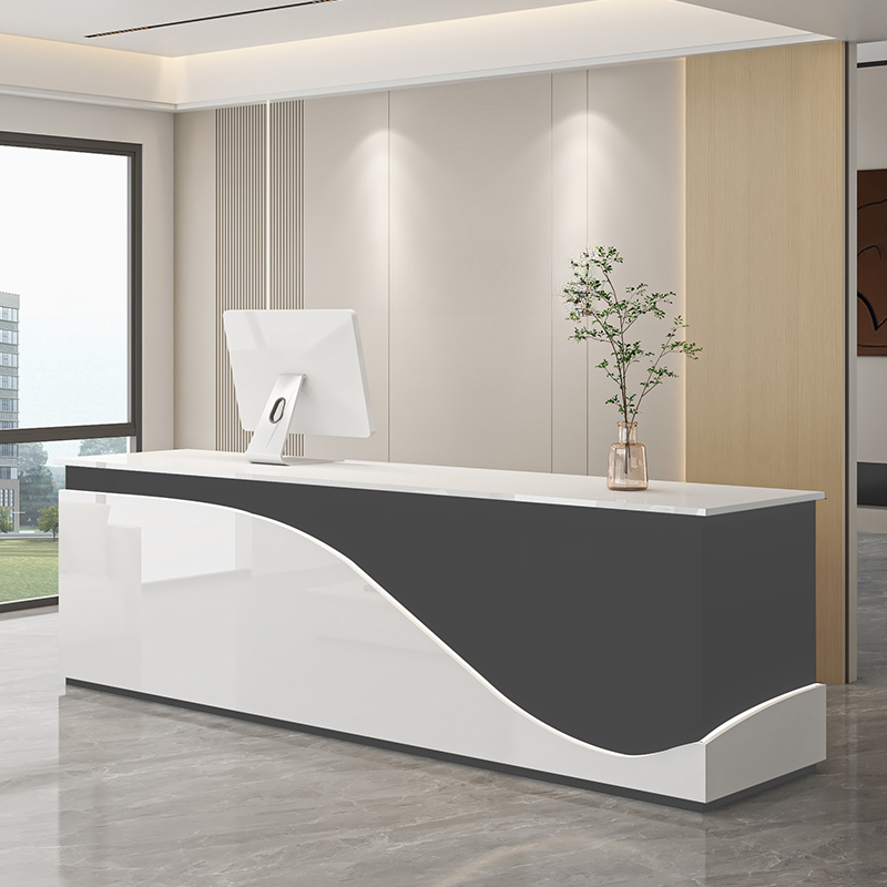 Reception Desk Rectangle with Filing Cabinet Cable Management Keyboard Tray and Hutch, Manufactured Wood Top
