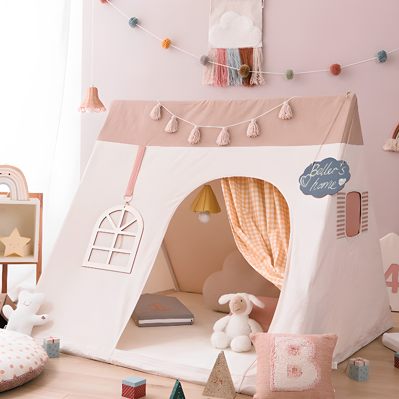 Indoor Triangular Fabric Triangular Play Tent with Windows, Tent Pole & Floor, Medium（3'-5'）