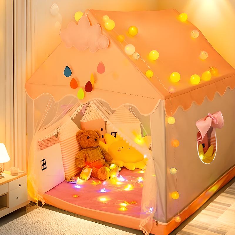 Square Indoor Play Tents with Windows, Illumination Lights, Play Balls and Floor