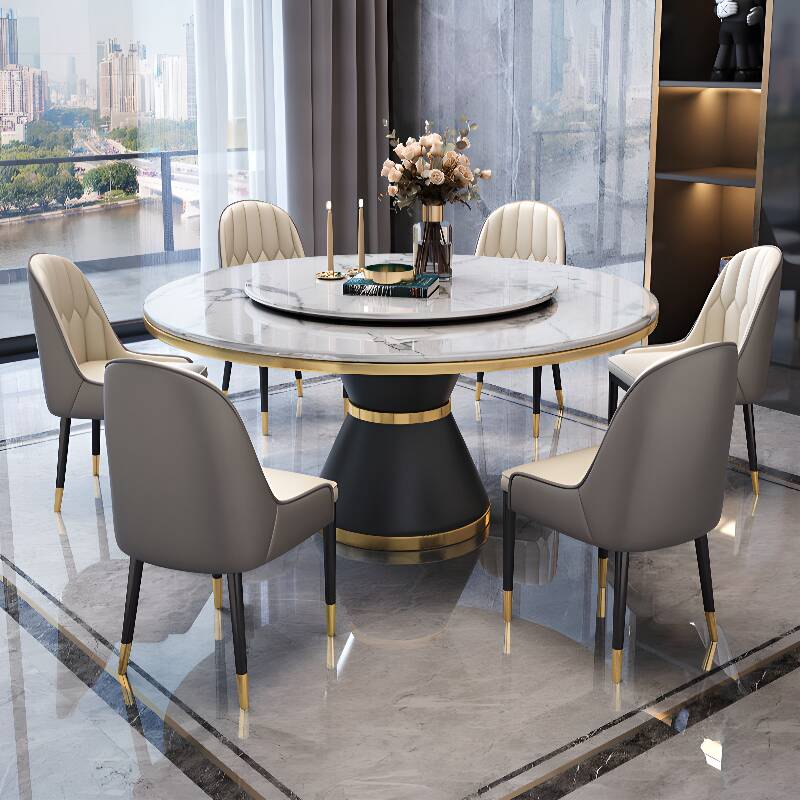 Circular Slate Dining Table Set with Pedestal Base, Upholstered Swivel Chairs, and Upholstered Back