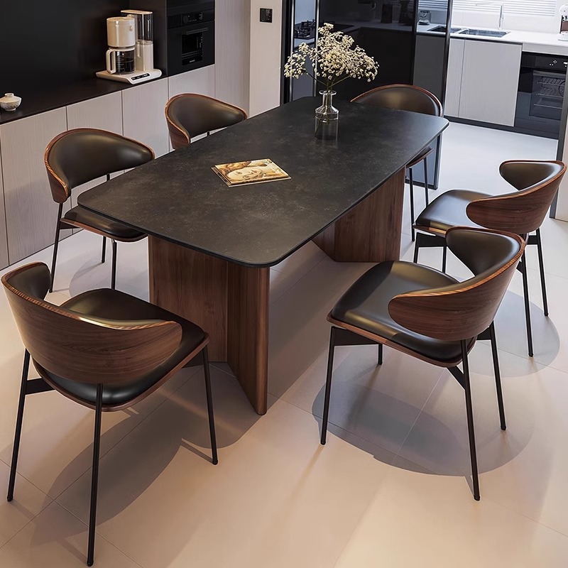 Casual Rectangular Dining Table with Slate Stone Top, Fixed Mechanism in Ink