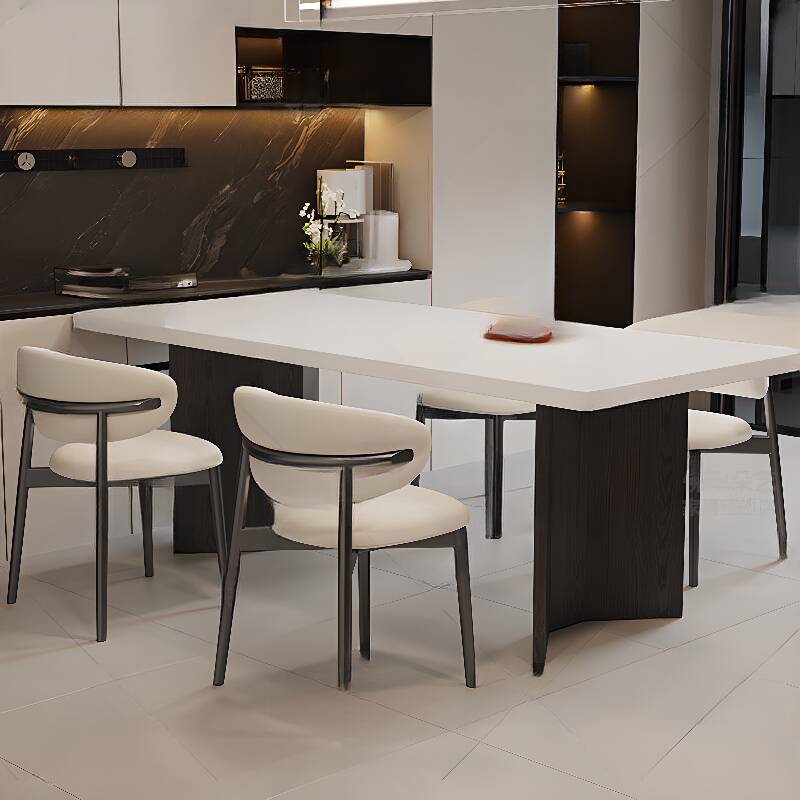 Casual Rectangular Fixed Dining Table with Slate Stone Top in Chalk Colour