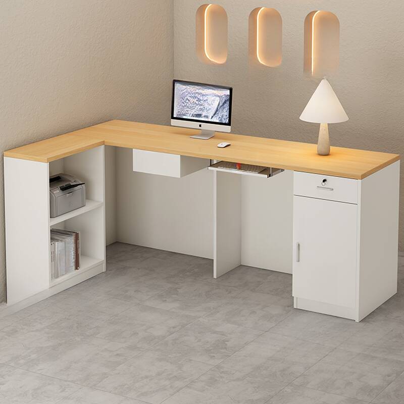 L-Shape Desk with 2 Drawers/1 Drawer, Hutch Cabinets, Keyboard Tray, Cable Management, Desk Return in Natural Colour, and Filing Cabinet