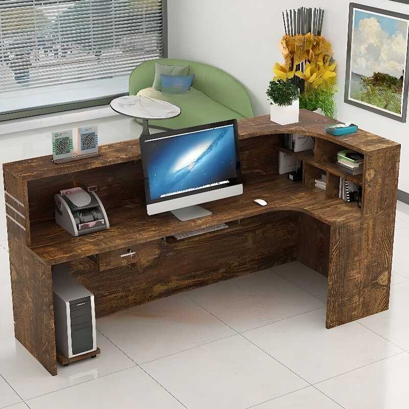 Corner Reception Desk with 1 Drawer, Hutch, Keyboard Tray, Desk Return in Brown Manufactured Wood Top