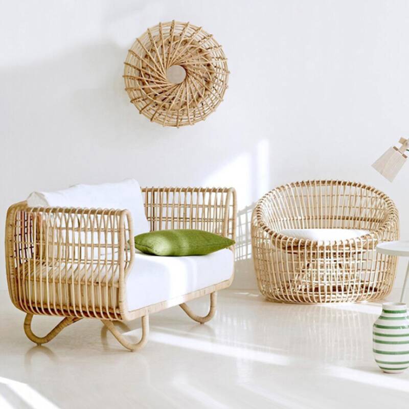 Natural Rattan Sofa for 1 to 3 with Pillow and Cushion, UV Resistant, 1 Piece