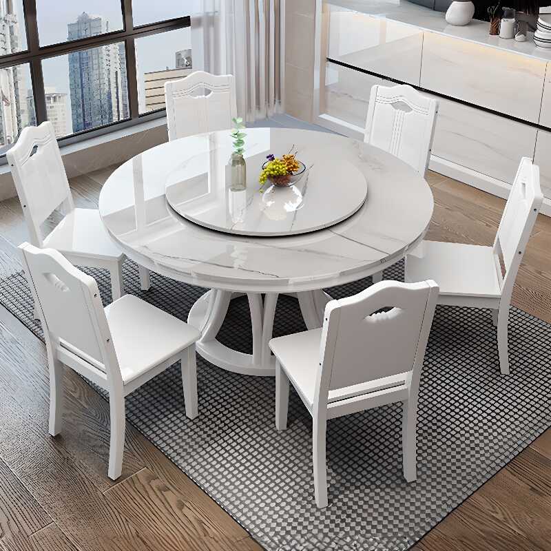 Casual Rounded Table with Slate Stone Top in Chalk and Lazy Susan Mechanism