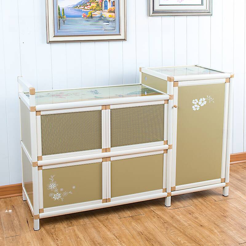 Modish Narrow Sideboard with Cupboard, Two Internal Shelves, Glass Countertop, and 5 Doors for Kitchen Storage