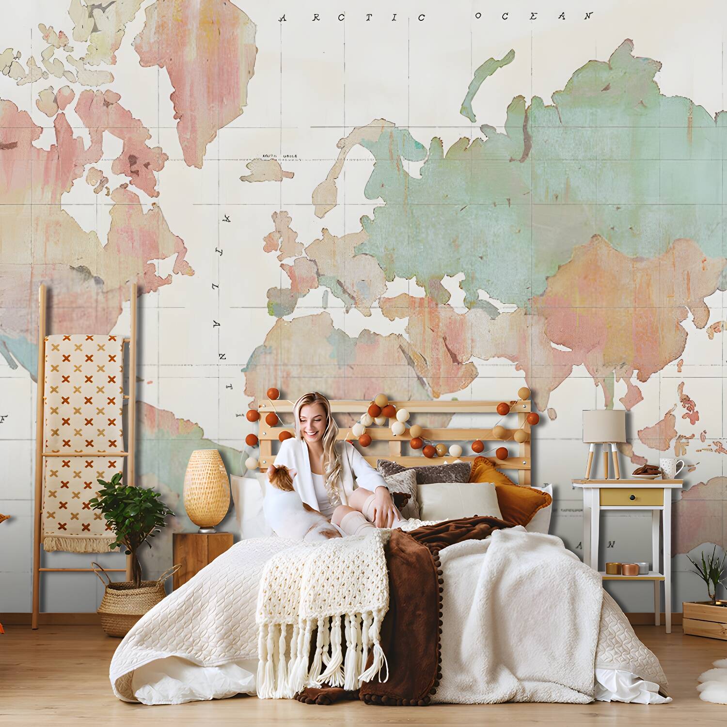 Fresh Green World Map Mural Wallpaper for Restaurant Decoration, Non-Woven Material