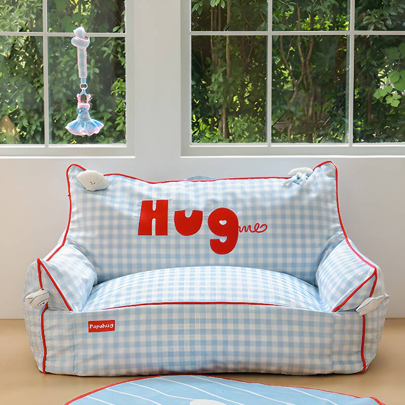 Plaid Adult Bean Bag Sofa with Polymer Upholstery in Light Blue, Armrest, Environmentally Friendly, Moveable