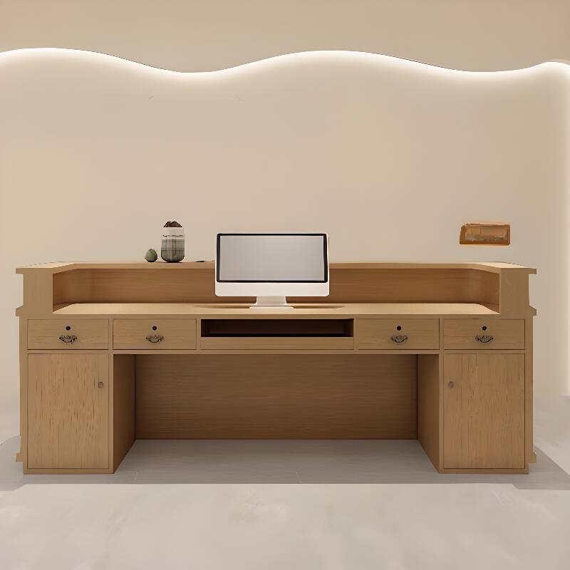 Wood Grain Manufactured Wood Top Reception Desk with Rectangle Shape, Closet Cabinets, Hutch, Keyboard Tray, and Filing Cabinet