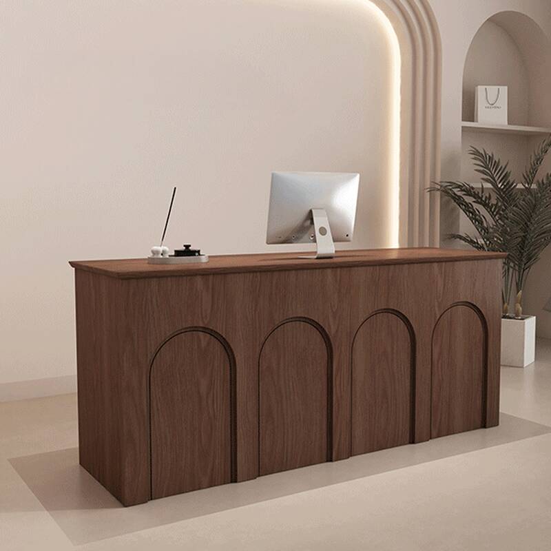 Rectangular Reception Desk with Closet, Keyboard Tray, Cable Management, Brown Manufactured Wood Top, and Filing Cabinet